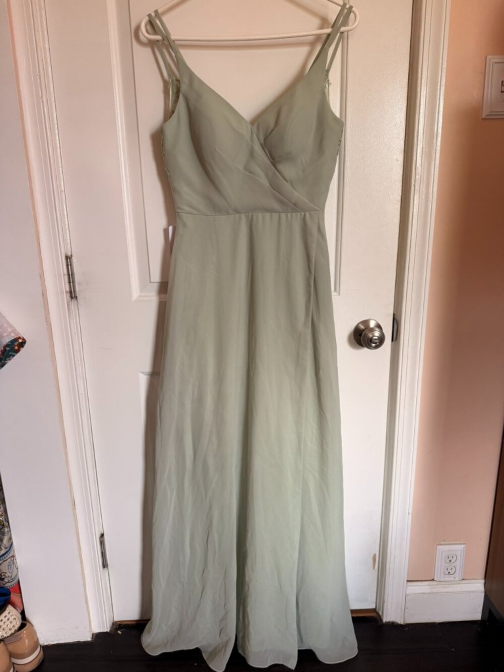 NWT Azazie Chiffon Bridesmaid Dress Sage Green Dust Spaghetti Strap Maxi Size 6